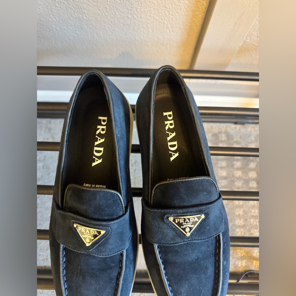 Prada Navy Suede Slip-On Loafers with Cream Platform Soles - Picture 3 of 7